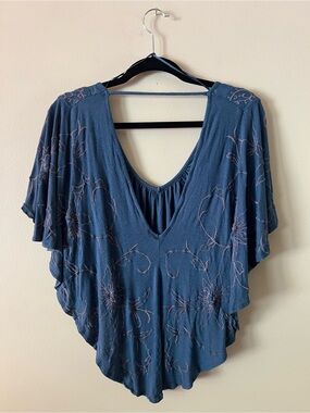 Free People Indigo Embroidered V-Neck Tunic